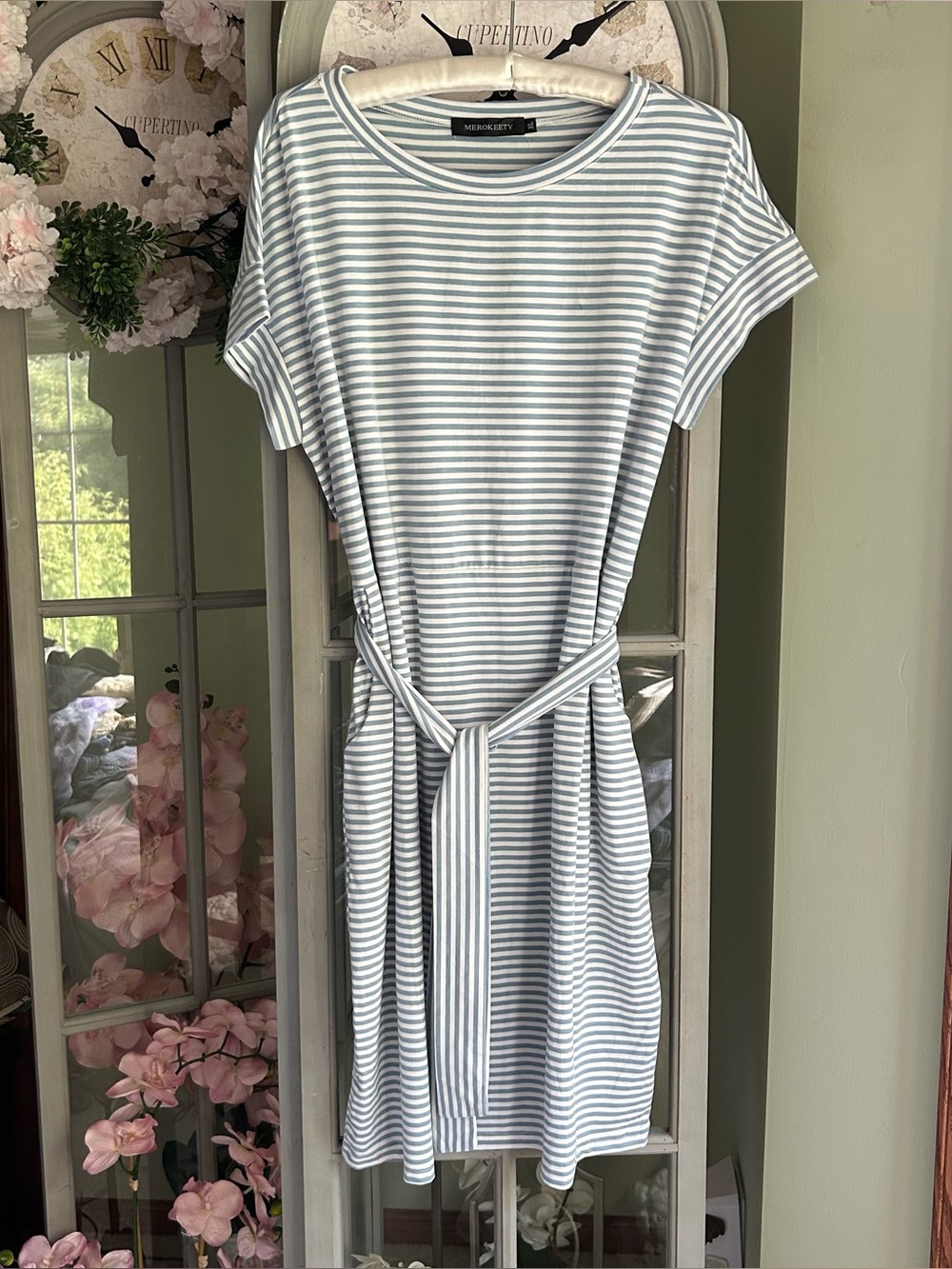 MEROKEETY BlueWhite Striped T-Shirt Dress with Tie Waist Short Sleeve Pockets XL